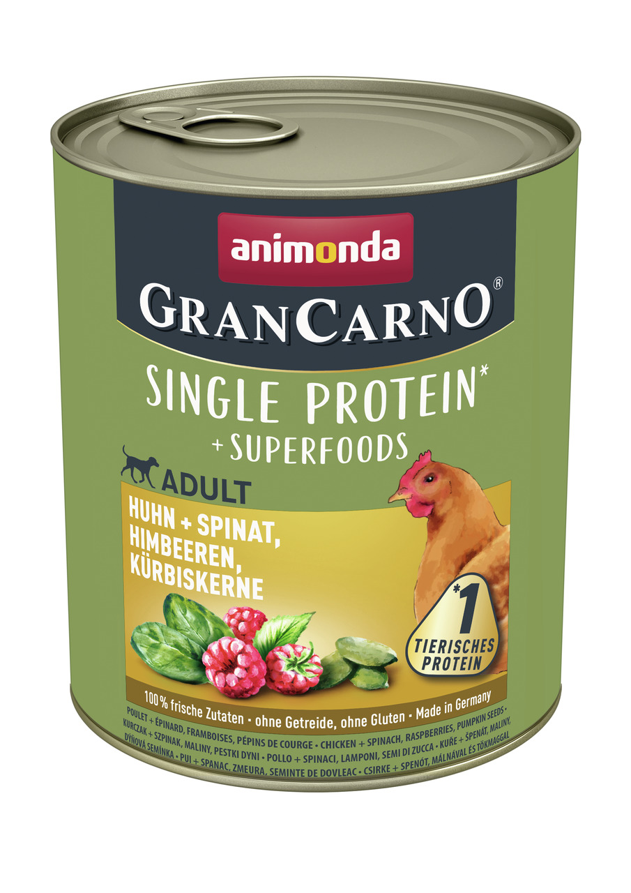 Das Bild zeigt eine Dose des Tierfutterprodukts „Animonda GranCarno Single Protein + Superfoods“ für erwachsene Hunde (Adult). Die Geschmacksrichtung ist Huhn mit Spinat, Himbeeren und Kürbiskernen. Die Dose enthält 100 % frische Zutaten, ist getreide- un