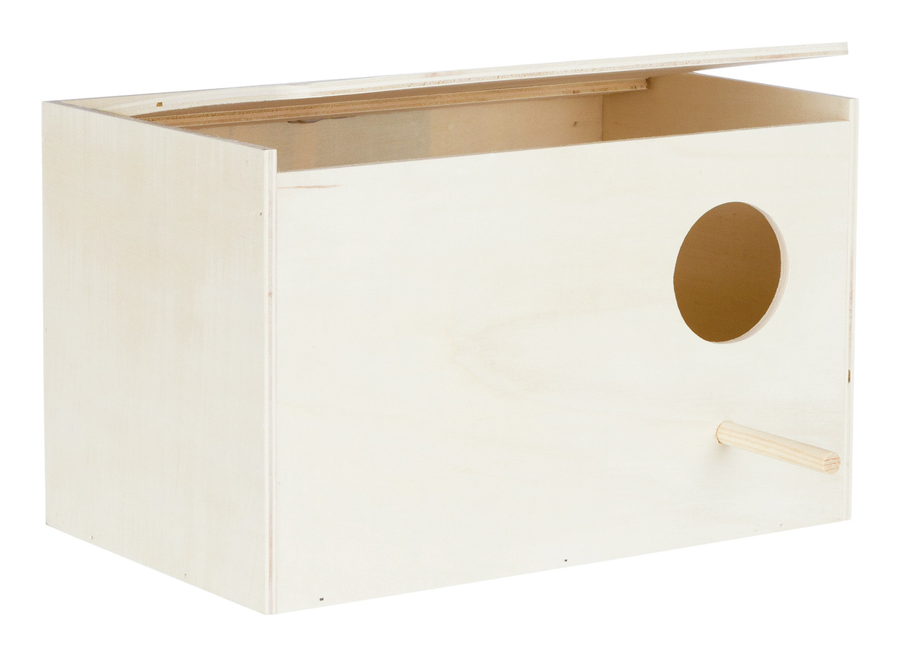 TRIXIE Holznistkasten für Vögel, ideal zur Brutzeit, aus Holz mit rundem Einflugloch & Sitzstange. Maße auf Bild sichtbar.