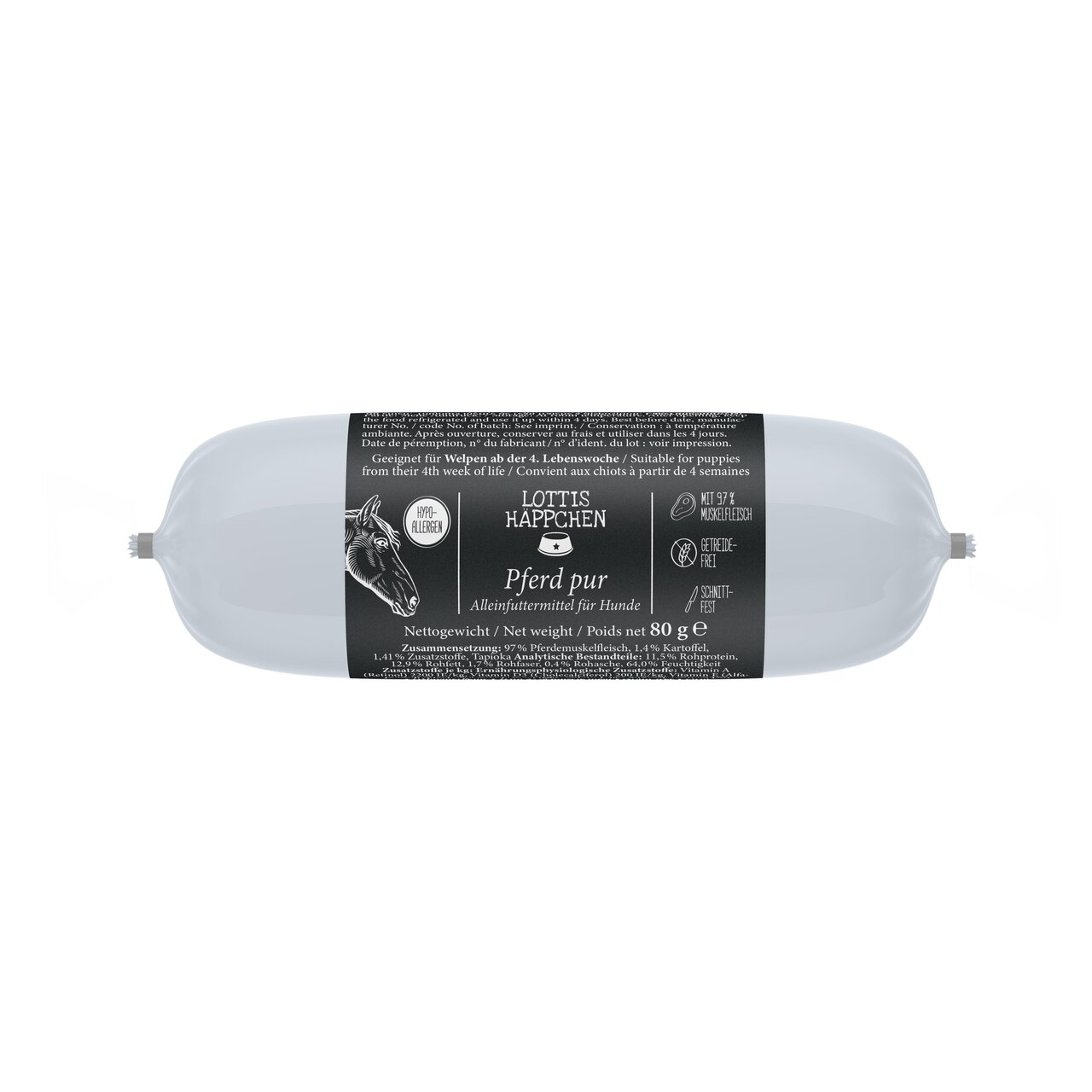Hundefutter „LOTTIS HÄPPCHEN Pferd pur“, 80 g, Monoprotein, getreidefrei, für Hunde geeignet ab der 4. Lebenswoche.