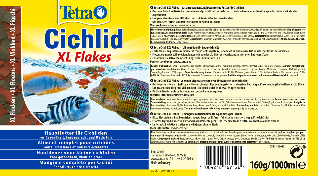 Tetra Cichlid XL Flakes, Hauptfutter für Cichliden, fördert Gesundheit, Farben & Wachstum. Für Aquarienfische. Inhalt: 160 g.