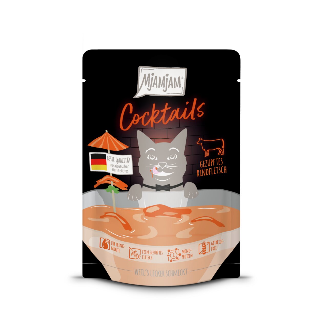 MJAMJAM Cocktails Katzenfutter, gezupftes Rindfleisch, für Katzen-Trinkmuffel, dt. Herstellung, getreidefrei, Monoprotein.