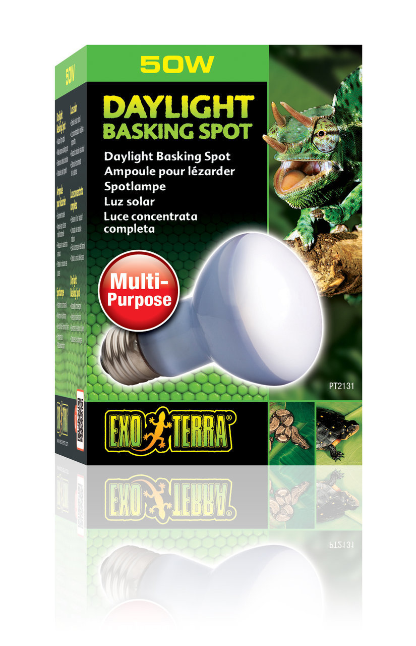 Exo Terra Daylight Basking Spot Lampe 50W, für Reptilien & Amphibien, Tageslicht, fördert Wohlbefinden, Chamäleon auf Verpackung.