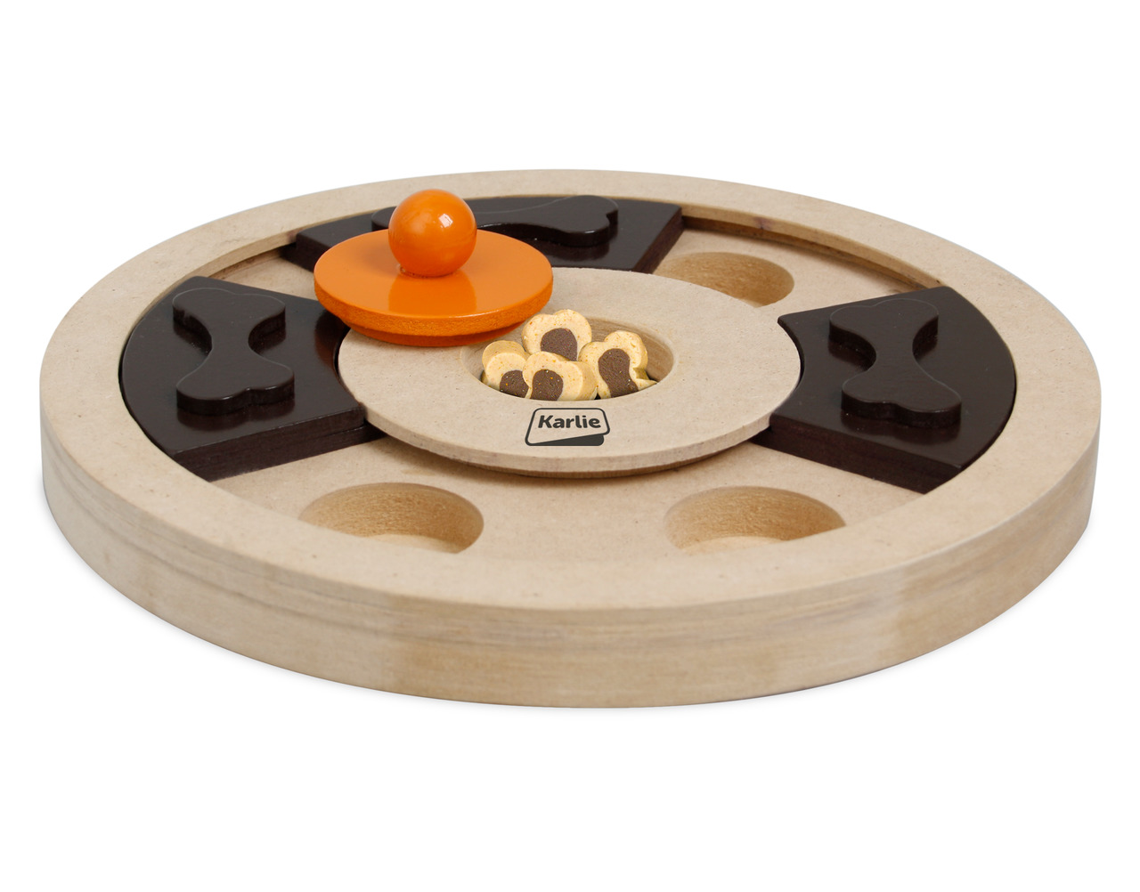 Karlie Dog Activity Intelligenzspielzeug für Hunde, Holz, mit Schiebefächern, orange Abdeckung, mentale Stimulation, Leckerlis.