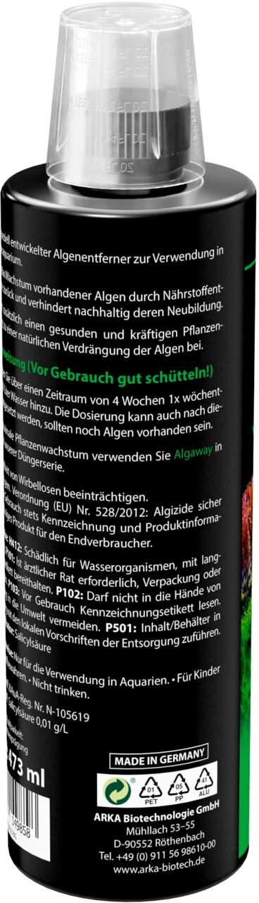 ARKA Algaway Algenentferner für Aquarien, für Süßwasserpflanzen, gegen Algenneubildung, Flasche mit 473 ml.