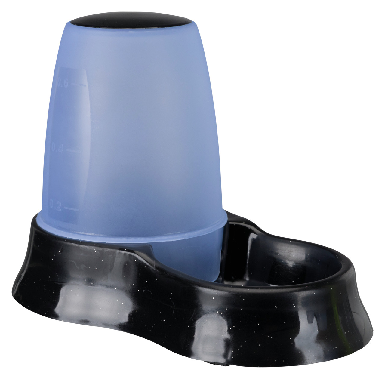 Das Bild zeigt den TRIXIE Wasserspender für Haustiere, geeignet für Hunde und Katzen. Der Spender besteht aus einem schwarzen Napf mit einer abnehmbaren, blauen Wasserflasche, die ein Fassungsvermögen von 0,6 Litern hat. Ideal für die kontinuierliche Wass