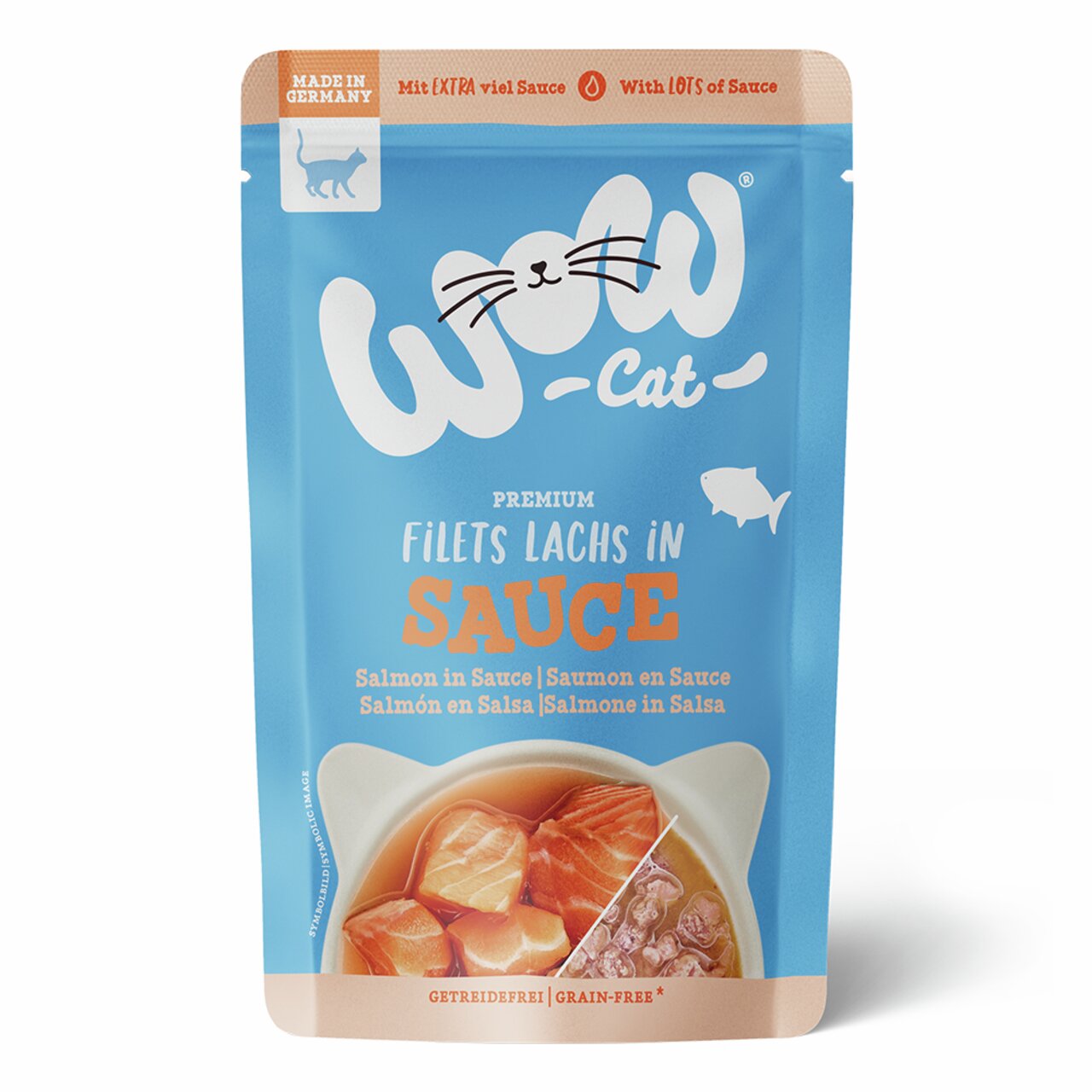 WOW Cat Premium Filets Lachs in Sauce, für Katzen, 85 g, getreidefrei, extra viel Sauce, hergestellt in Deutschland.