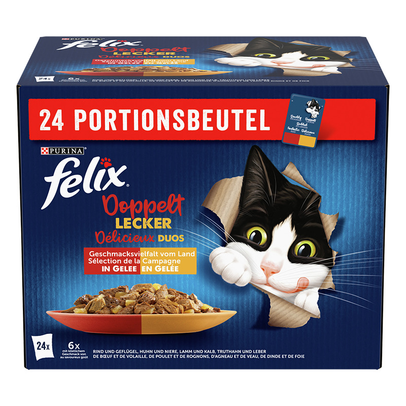 Das Bild zeigt eine Verpackung des Katzenfutters „Felix Doppelt Lecker Delicious Duos“ von Purina. Die Zielgruppe sind Katzen. Die Geschmacksrichtung ist „Geschmacksvielfalt vom Land in Gelee“ mit Sorten wie Rind, Geflügel, Lamm und Kalb. Die Packung enth