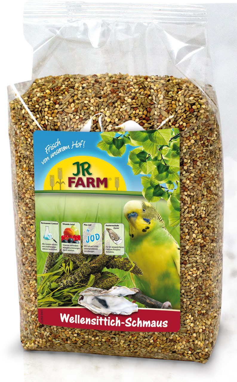 JR FARM Wellensittich-Schmaus, 1 kg, für Wellensittiche, mit Saaten, Jod & Austernschalen für optimale Versorgung.