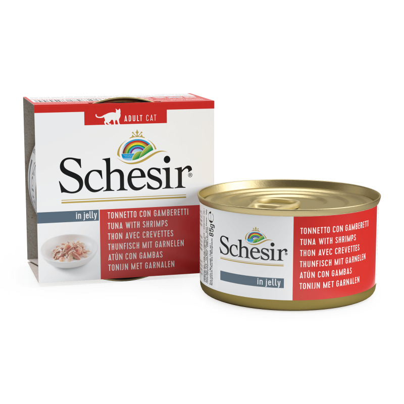 Sparpaket 24 x 85 g Schesir Adult Thunfisch mit Garnelen in Jelly Katzen Nassfutter