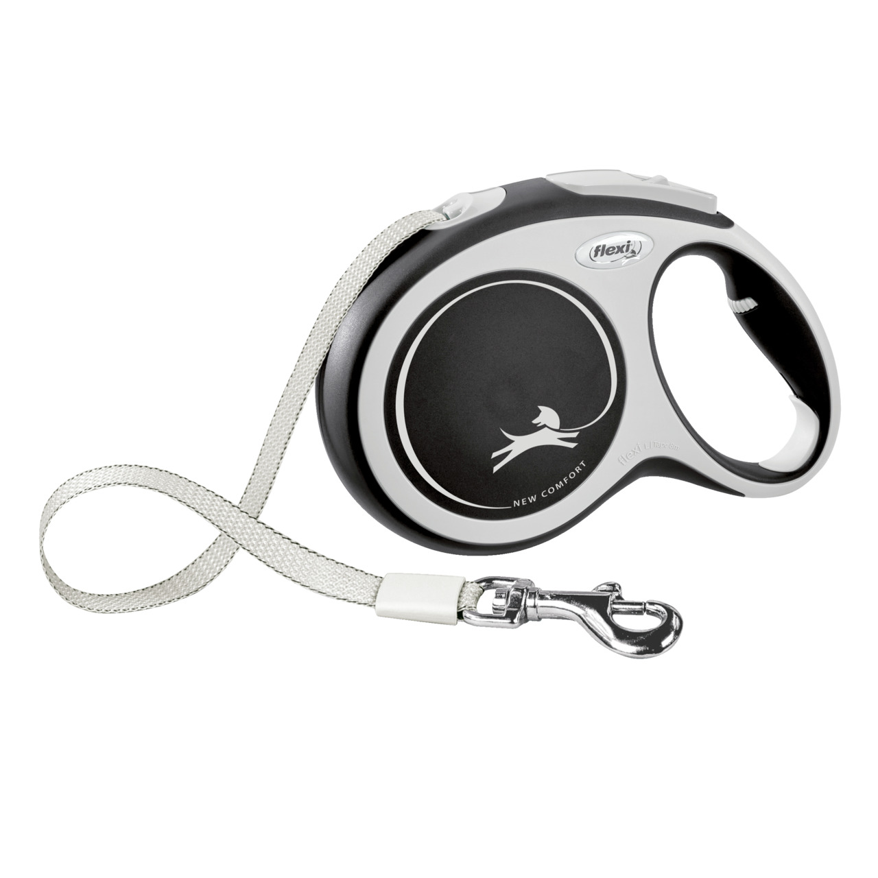 Flexi Hundeleine "New Comfort", Schwarz-Grau, für Hunde, ergonomisch, ausziehbar, verchromter Karabiner, ideal für Spaziergänge.
