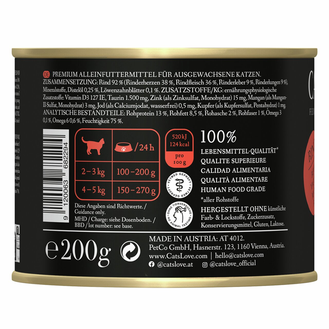 Dose Cat's Love Rind für ausgewachsene Katzen, Geschmacksrichtung Rind, 200 g, Alleinfuttermittel, 100 % Lebensmittelqualität.