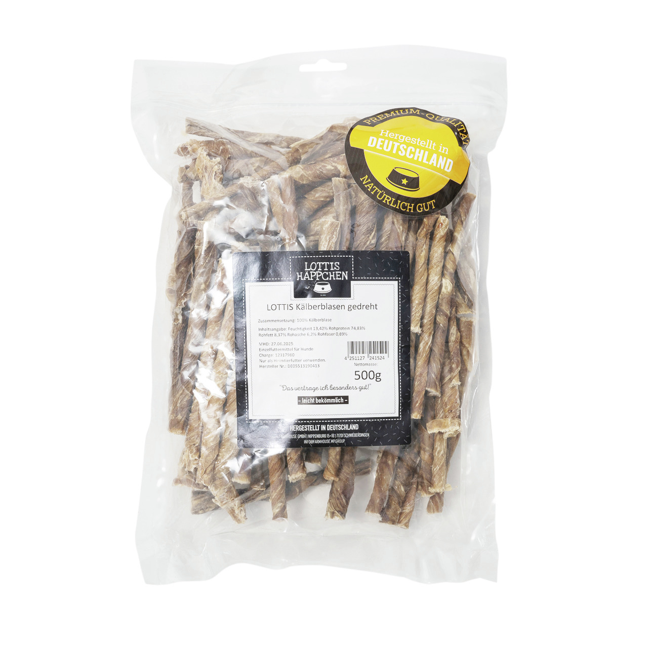 Das Bild zeigt eine transparente Verpackung mit dem Produkt „LOTTIS HÄPPCHEN Kalberblasen gedreht“. Es handelt sich um einen natürlichen Kausnack für Hunde. Die Verpackung enthält 500 g und trägt das Siegel „Hergestellt in Deutschland“. Der Snack ist beso