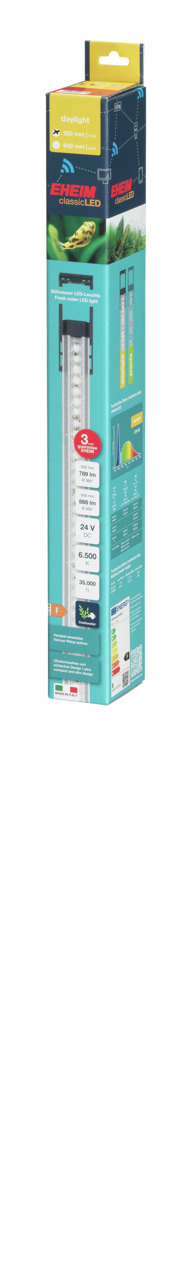 Das Bild zeigt die Verpackung des Produkts „EHEIM classicLED daylight“. Es handelt sich um eine LED-Beleuchtung für Aquarien, geeignet für Aquaristik-Enthusiasten. Die Tageslichtlampe hat eine Farbtemperatur von 6500 Kelvin und eine Leistung von 10 Watt. 