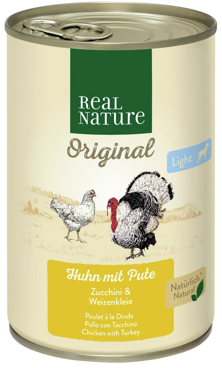Das Bild zeigt eine Dose des Hundefutters „REAL NATURE Original Light“ mit der Geschmacksrichtung Huhn mit Pute, Zucchini und Weizenkleie. Die Zielgruppe sind Hunde. Die Verpackung betont natürliche Inhaltsstoffe und zeigt Illustrationen von Huhn und Pute