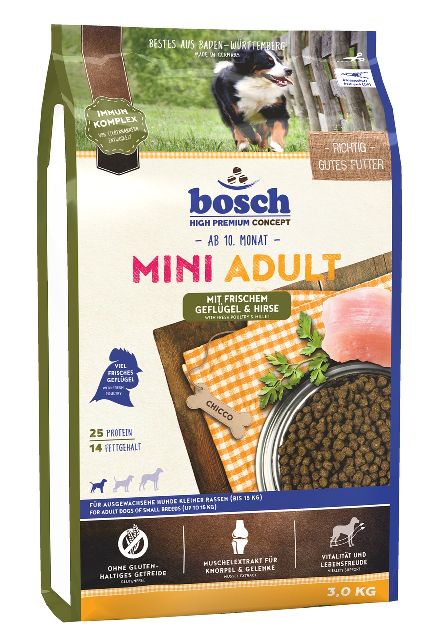 bosch Mini Adult Hundefutter, 3 kg, frisches Geflügel & Hirse, für kl. Rassen (bis 15 kg), ab 10. Monat, ohne Gluten, Gelenkschutz.