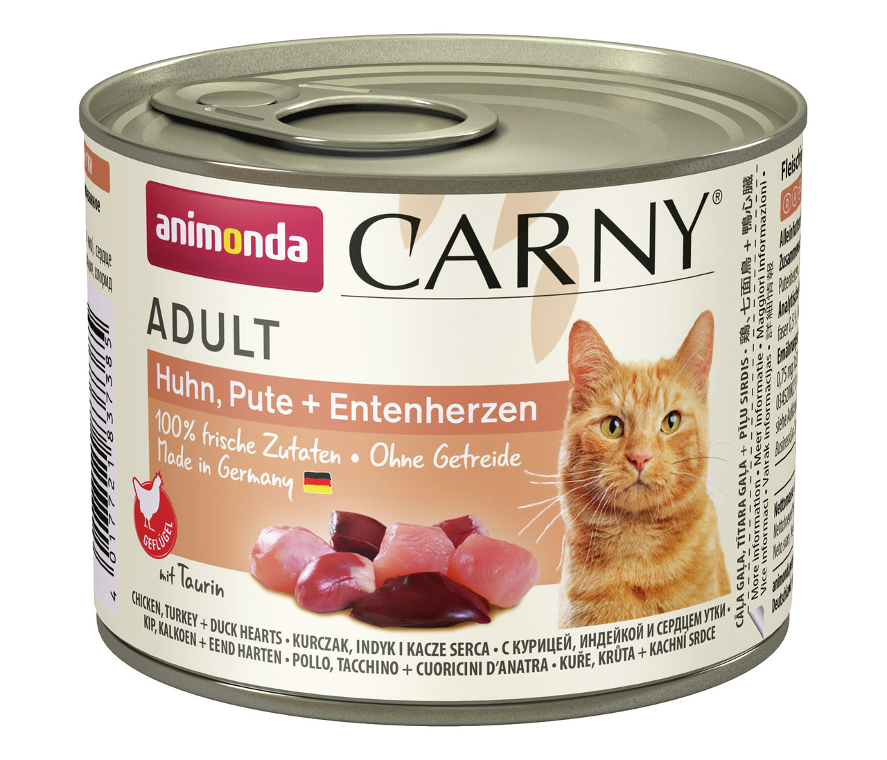 Animonda Carny Adult Katzenfutter, Huhn-Pute-Entenherzen, für ausgewachsene Katzen, 100 % frisch, ohne Getreide, 400 g.