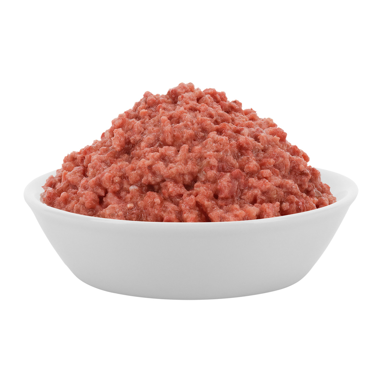 Eine weiße Schale, gefüllt mit rohem, fein gehacktem Fleisch, das eine frische, rötliche Farbe aufweist. Es handelt sich um das Produkt „Lucky Lou Frisches Rindfleisch“ für Hunde. Zielgruppe: Hunde aller Rassen. Geschmacksrichtung: Rind. Menge: ca. 500 g.