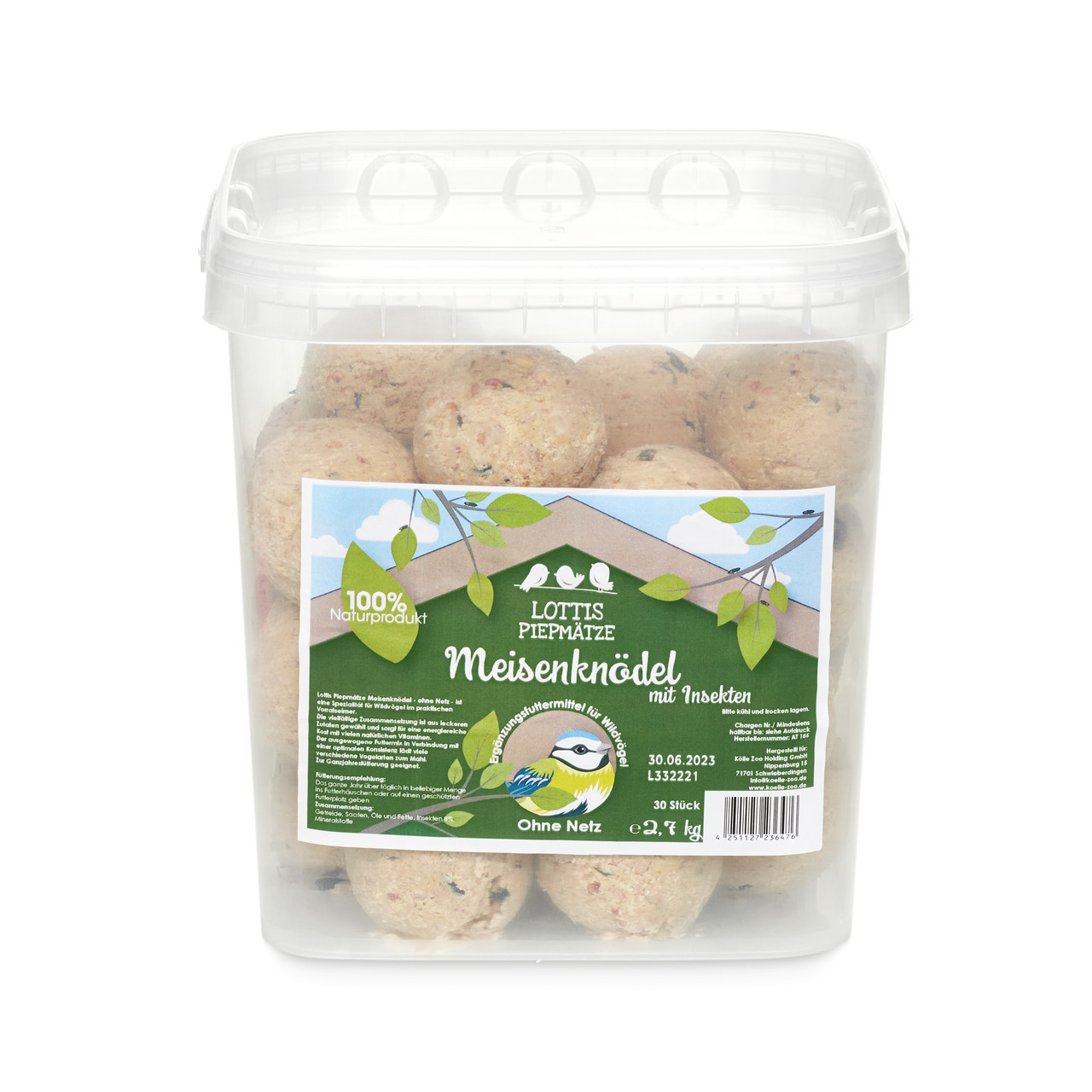 Ein transparenter Kunststoffbehälter mit 30 Meisenknödeln der Marke Lottis Piepmätze. Produktname: Meisenknödel mit Insekten. Zielgruppe: Wildvögel. Geschmacksrichtung: Insekten. Menge: 2,7 kg. Auf der Verpackung steht „100% Naturprodukt“ und „Ohne Netz“.