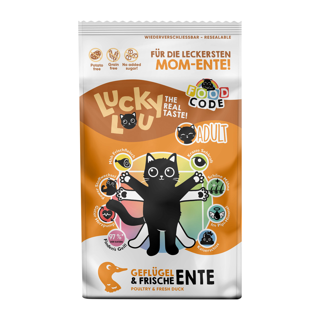 Das Bild zeigt eine Verpackung des Katzenfutters „Lucky Lou – Geflügel & frische Ente“ für erwachsene Katzen (Adult). Die Marke „Lucky Lou“ wirbt mit frischem Fleisch, getreidefreier Rezeptur und ohne Zuckerzusatz. Die Geschmacksrichtung ist Ente. Die Ver