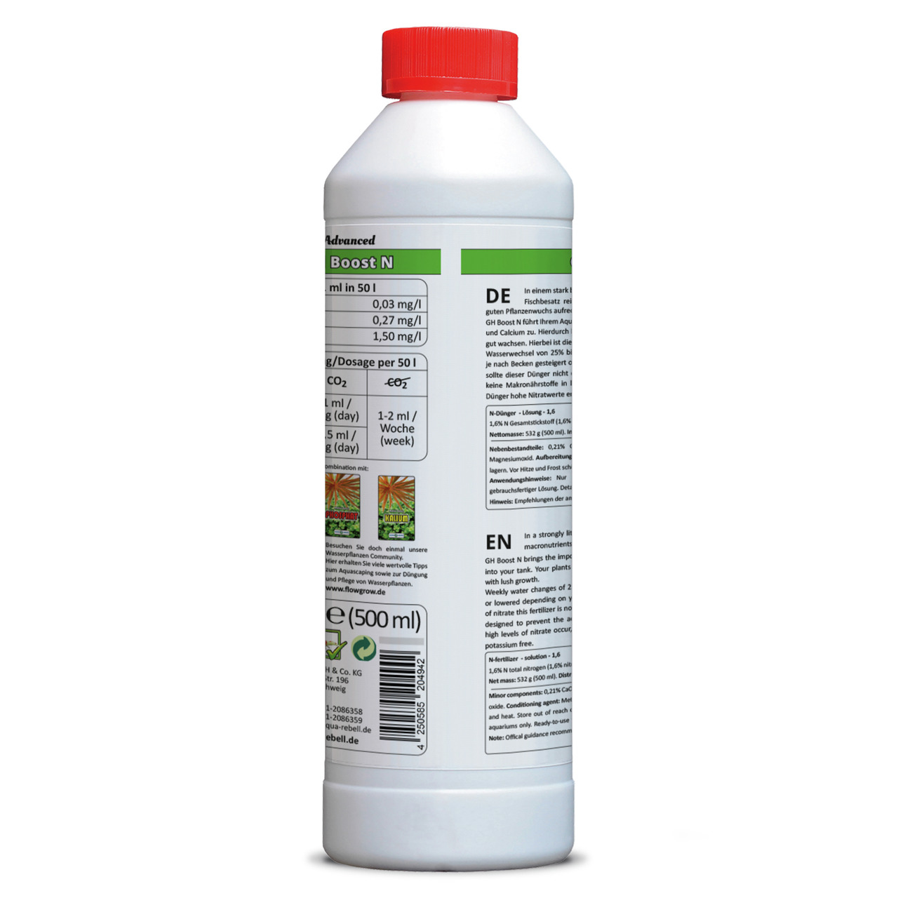 Aqua Rebell Boost N, Flüssigdünger für Aquarienpflanzen, 500 ml, mit Dosierungsanweisungen, Inhaltsstoffen & Anwendungshinweisen.
