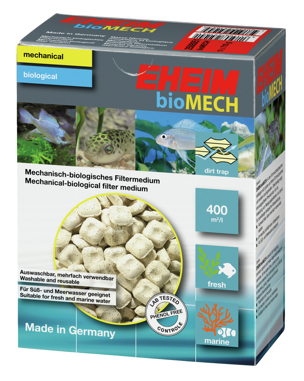 Das Bild zeigt das Produkt "EHEIM bioMECH", ein mechanisch-biologisches Filtermedium für Aquarien. Es ist geeignet für Süß- und Meerwasser und bietet eine Filterfläche von 400 m²/l. Die Verpackung betont, dass das Produkt auswaschbar, mehrfach verwendbar 