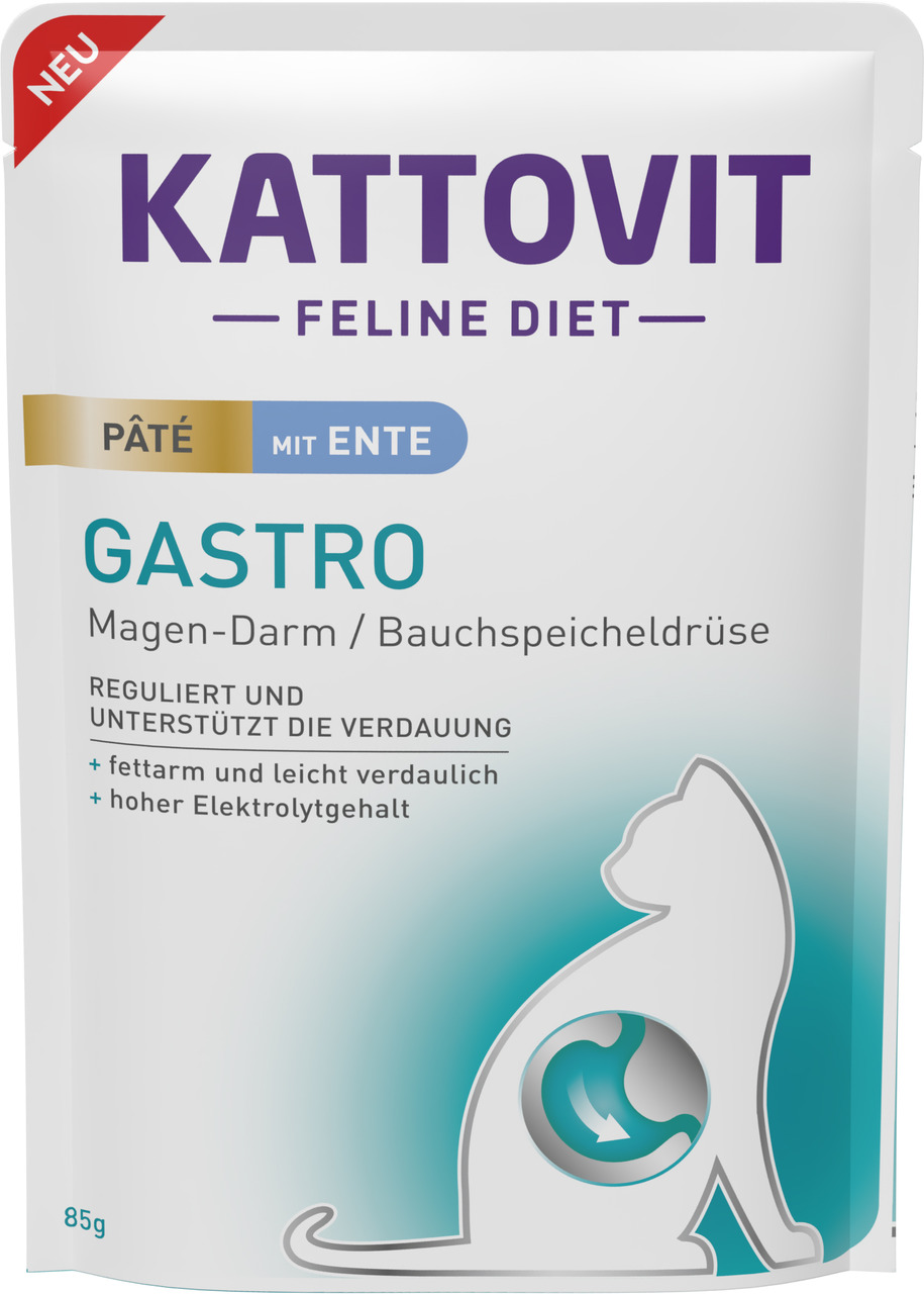 Das Bild zeigt eine Verpackung des Katzenfutters „Kattovit Feline Diet Gastro Pâté mit Ente“. Es ist speziell für Katzen mit Magen-Darm-Problemen oder Bauchspeicheldrüsenbeschwerden entwickelt. Die Verpackung enthält 85 g und hebt hervor, dass das Produkt