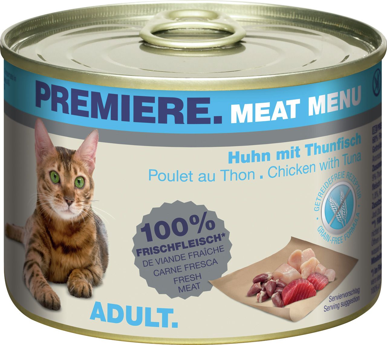 PREMIERE MEAT MENU Katzenfutter Adult, Huhn+Thunfisch, 100% Frischfleisch, getreidefrei, 400g.