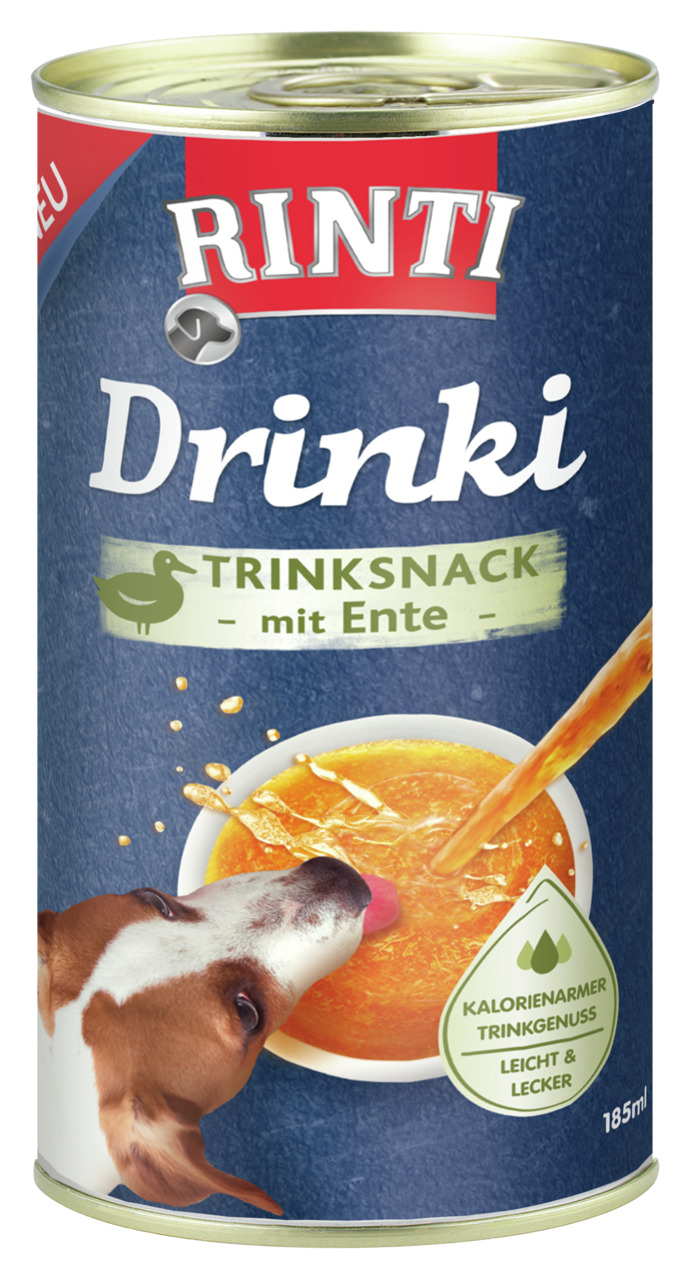 Das Bild zeigt eine 185-ml-Dose des Produkts „RINTI Drinki Trinksnack mit Ente“. Es handelt sich um einen kalorienarmen Trinkgenuss für Hunde, der leicht und lecker ist. Die Verpackung ist in Blau gehalten, mit einem Bild eines Hundes, der aus einer Schal