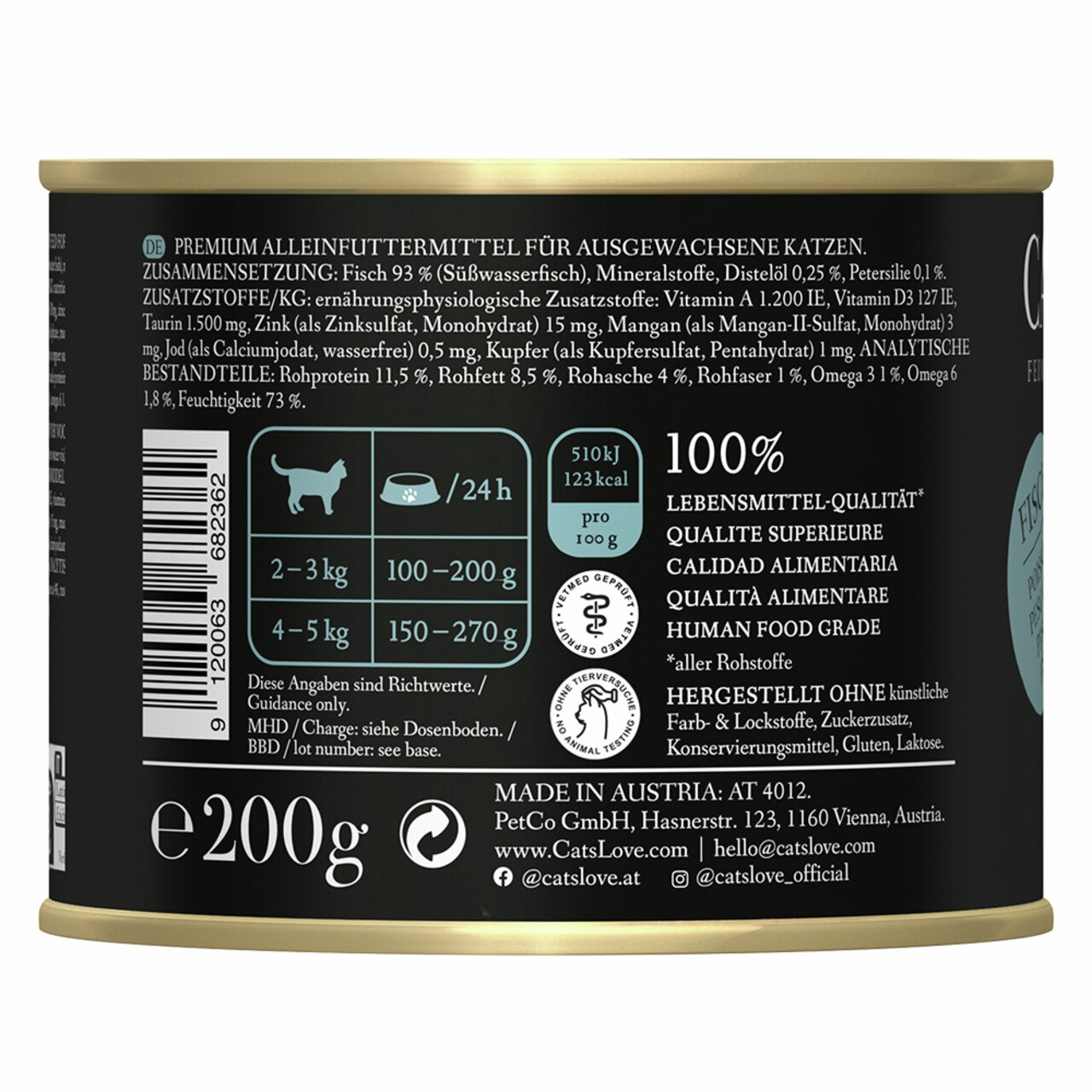 Cat's Love Fisch Nassfutter für ausgewachsene Katzen, 200 g. Premium-Alleinfuttermittel mit 93 % Fisch, ohne künstliche Zusätze.