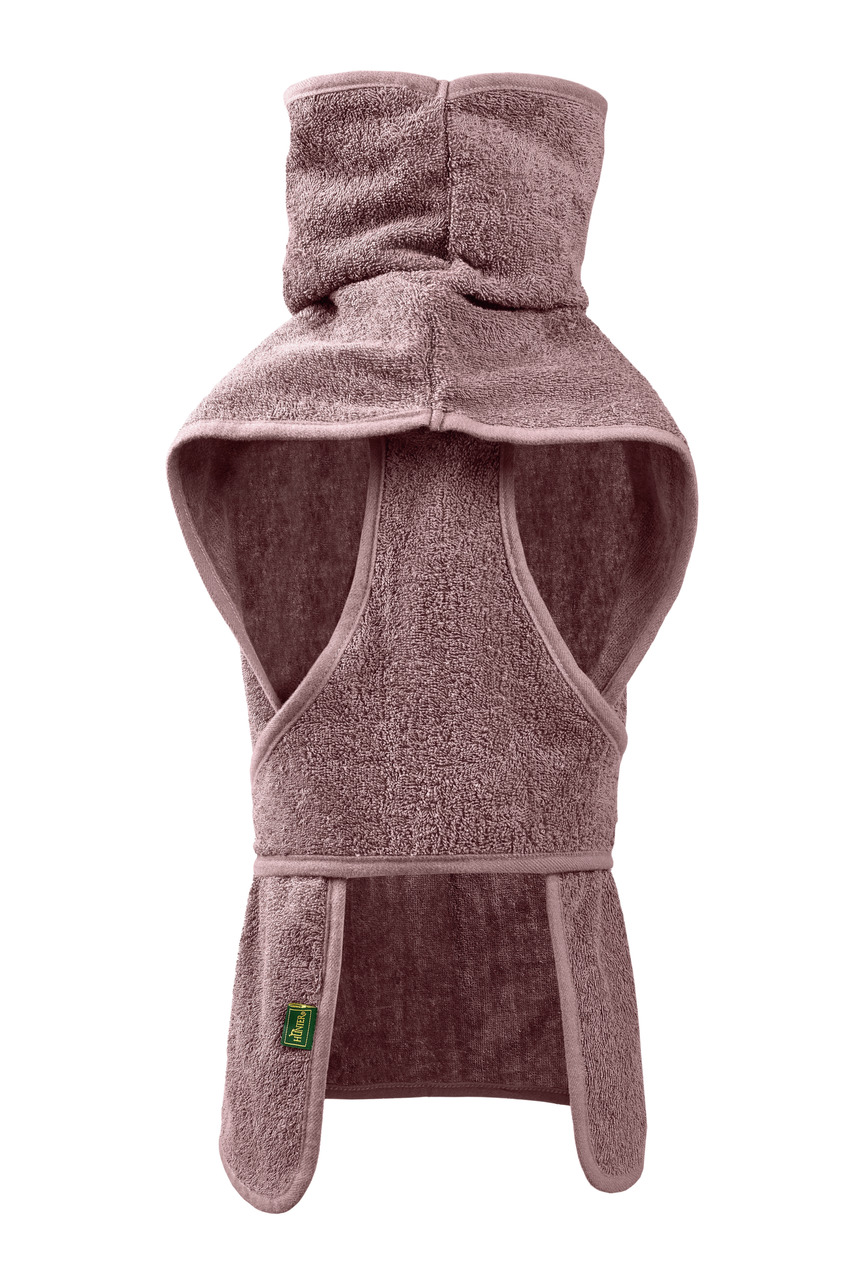 Das Bild zeigt den HUNTER Badmantel für Hunde in der Farbe Altrosa. Der Mantel besteht aus weichem, saugfähigem Frotteematerial und ist speziell für Hunde entwickelt, um sie nach dem Baden oder Spaziergängen im Regen schnell zu trocknen. Er ist mit einem 