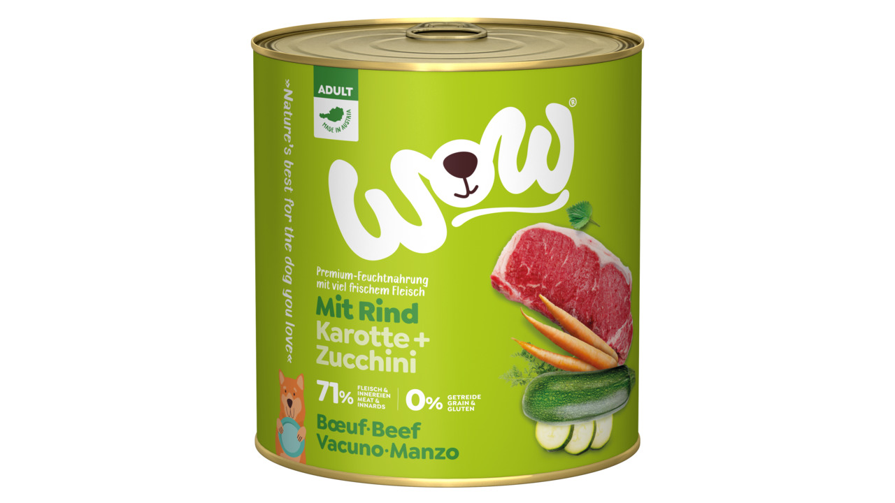Sparpaket 24 x 800 g Wow Adult Rind mit Karotte + Zucchini Hunde Nassfutter