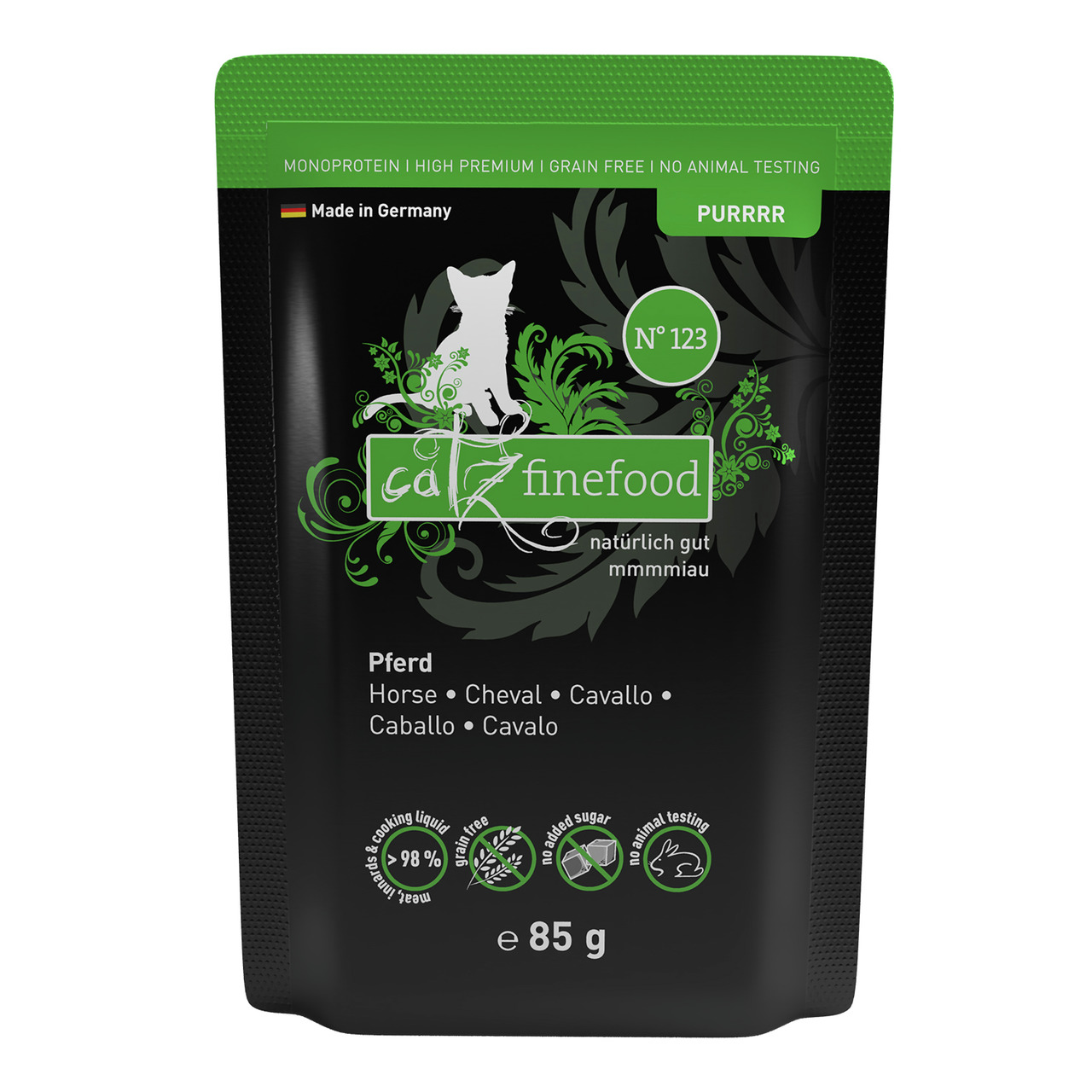 Catz finefood No. 123 von Pets Nature: Premium-Nassfutter für Katzen, Pferd, 85 g, getreidefrei, ohne Zuckerzusatz, ohne Tierversuche.