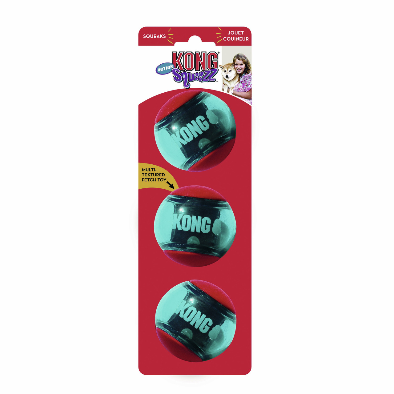 KONG Squeezz Action Ball, Hundespielzeug, 3er-Set, für alle Hundegrößen, robust, langlebig, leuchtend, mit Quietschgeräusch.