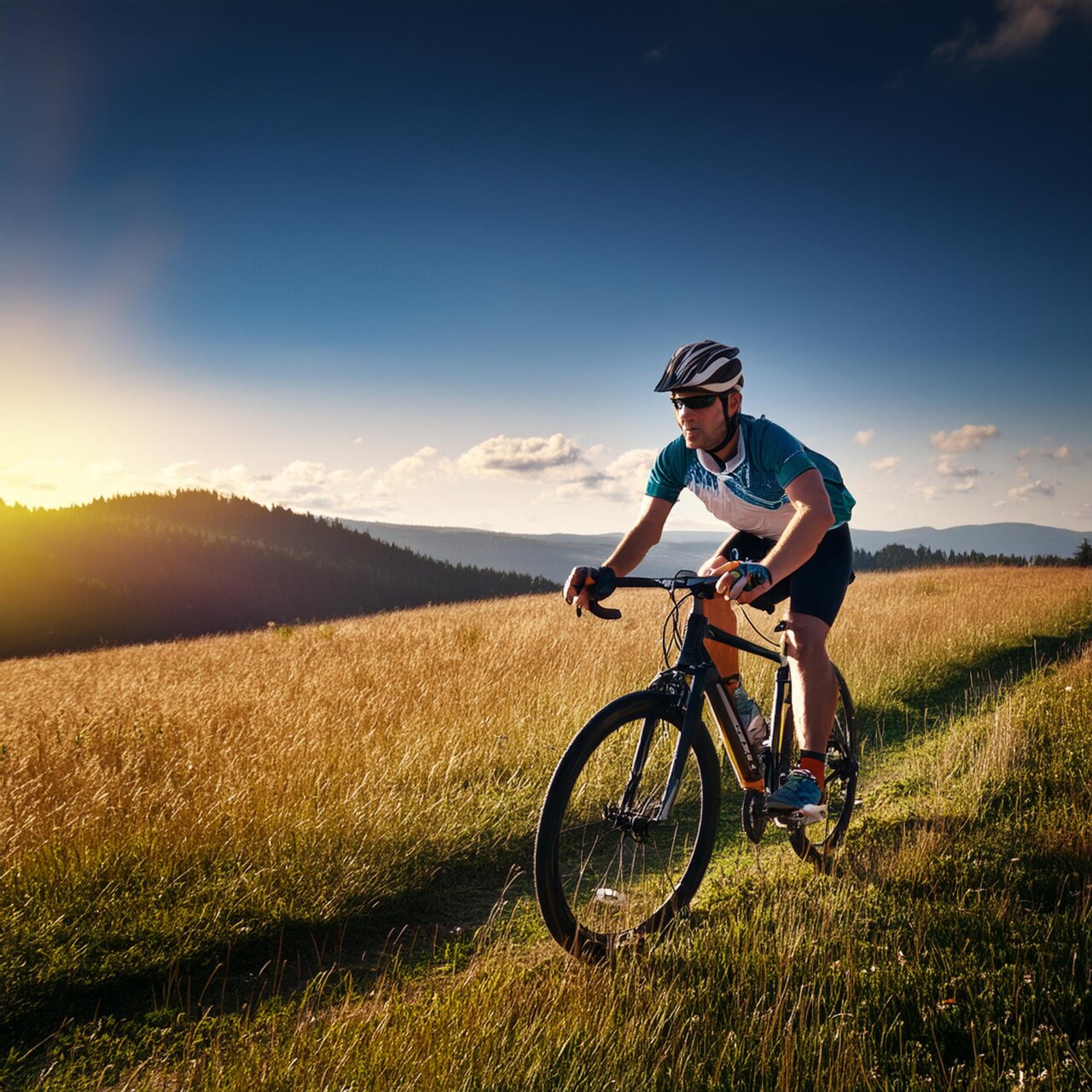 Sportlicher Radfahrer mit Helm fährt auf einem schmalen Weg durch goldenes Gras bei tief stehender Sonne.