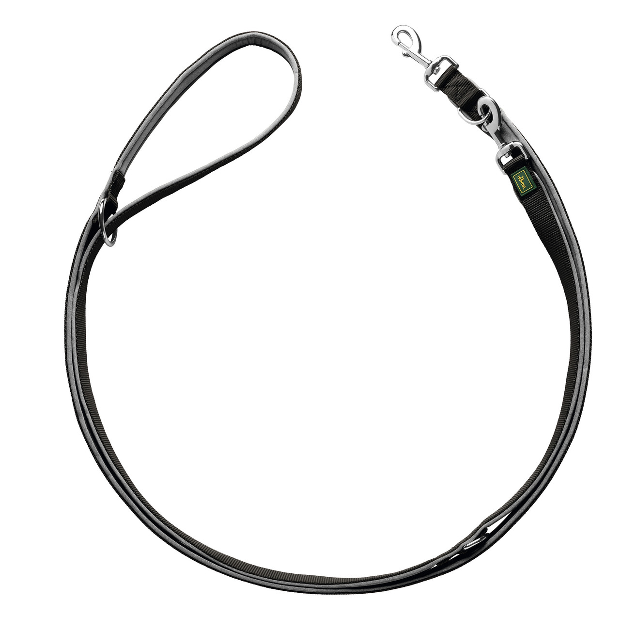 Schwarze Hundeleine der Marke HUNTER, Modell "Modern Art", geeignet für Hunde aller Größen. Die Leine besteht aus robustem Nylon mit reflektierenden Nähten für bessere Sichtbarkeit. Sie verfügt über einen stabilen Karabinerhaken und eine Handschlaufe für 