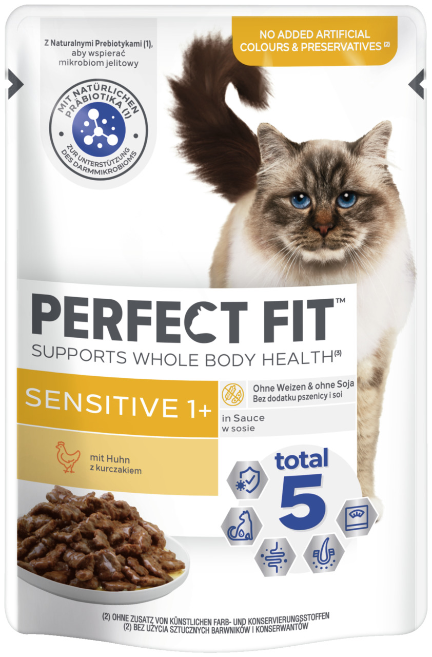 Perfect Fit Sensitive 1+ Katzenfutter, Huhn in Sauce, für Katzen ab 1 Jahr, unterstützt Gesundheit mit Präbiotika, ohne Weizen-Soja.