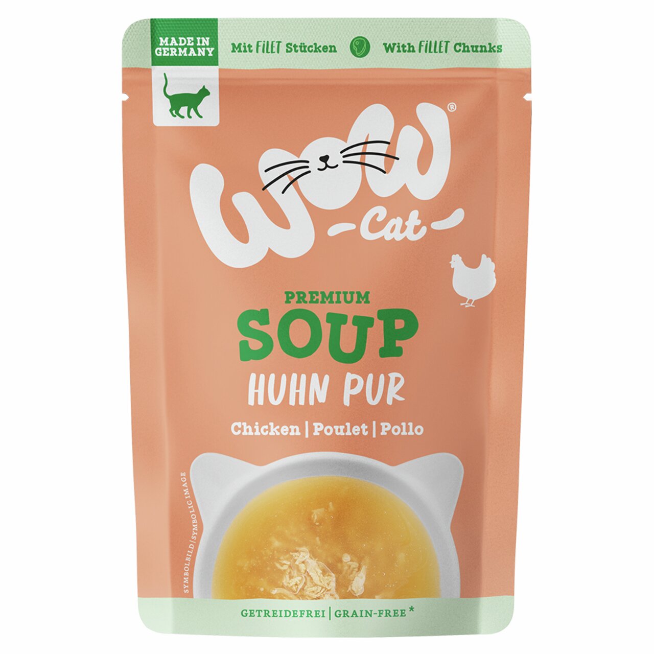 WOW CAT Premium Soup Huhn Pur, für Katzen, Geschmacksrichtung Huhn, mit Filetstücken, getreidefrei, 50 g.