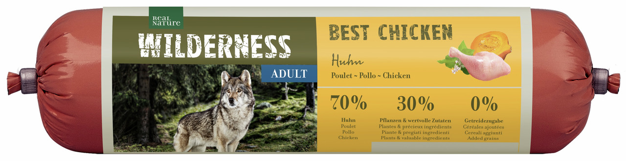 REAL NATURE WILDERNESS Best Chicken, für erwachsene Hunde, Huhn, 70 % Huhn, 0 % Getreide, 800 g, Wolf vor Waldkulisse.