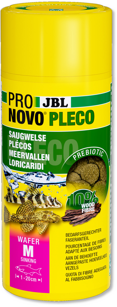 JBL ProNovo Pleco Wafer M, Fischfutter für Saugwelse (1-20 cm), 10 % Holzfasern, prebiotisch, sinkend, 100 ml, artgerechte Ernährung.