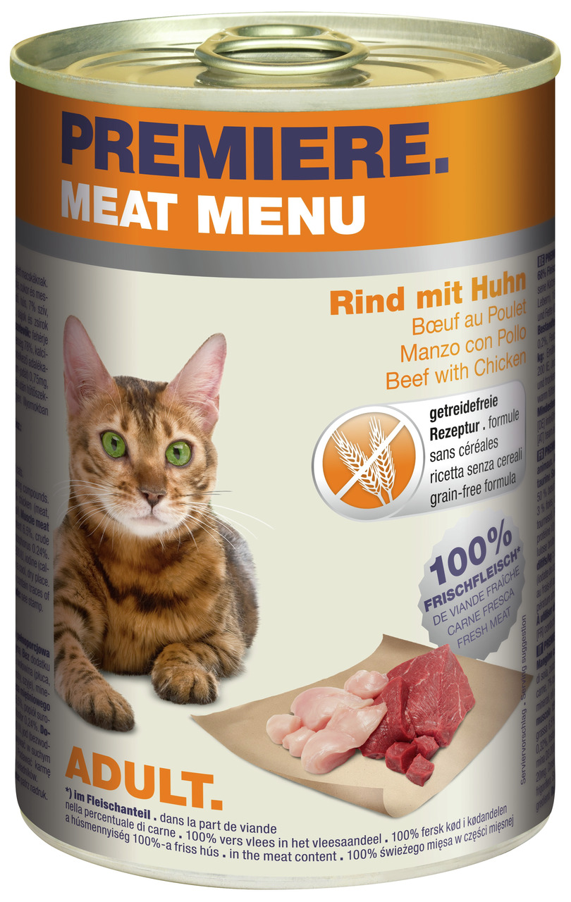 PREMIERE Meat Menu Katzenfutter Adult, Rind mit Huhn, getreidefrei, 100 % Frischfleisch, 400 g.