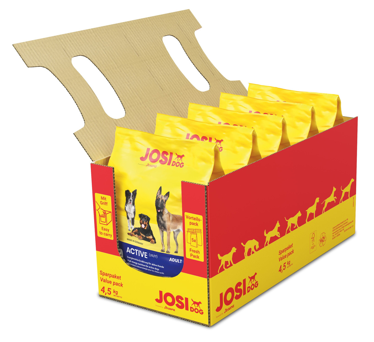 Josera JosiDog Active, Hundefutter für aktive, ausgewachsene Hunde, Sparpaket 5x900g (4,5kg), gelb-rote Verpackung mit Griff.