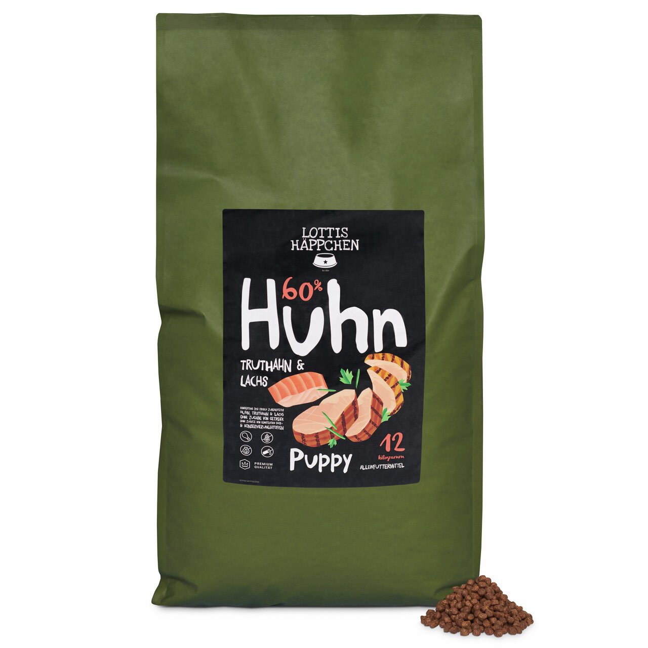 Trockenfutter für Welpen von Lottis Häppchen, Huhn mit Truthahn & Lachs, 60 % Fleischanteil, 12 kg, für eine ausgewogene Ernährung.