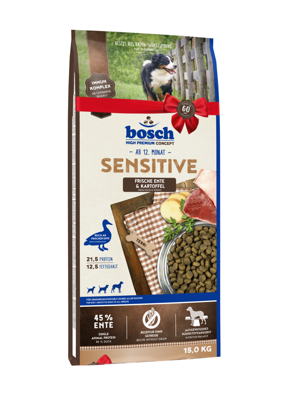 bosch High Premium Concept Sensitive Hundefutter, frische Ente & Kartoffel, 15 kg, getreidefrei, für ernährungssensible Hunde ab 12 Mon.