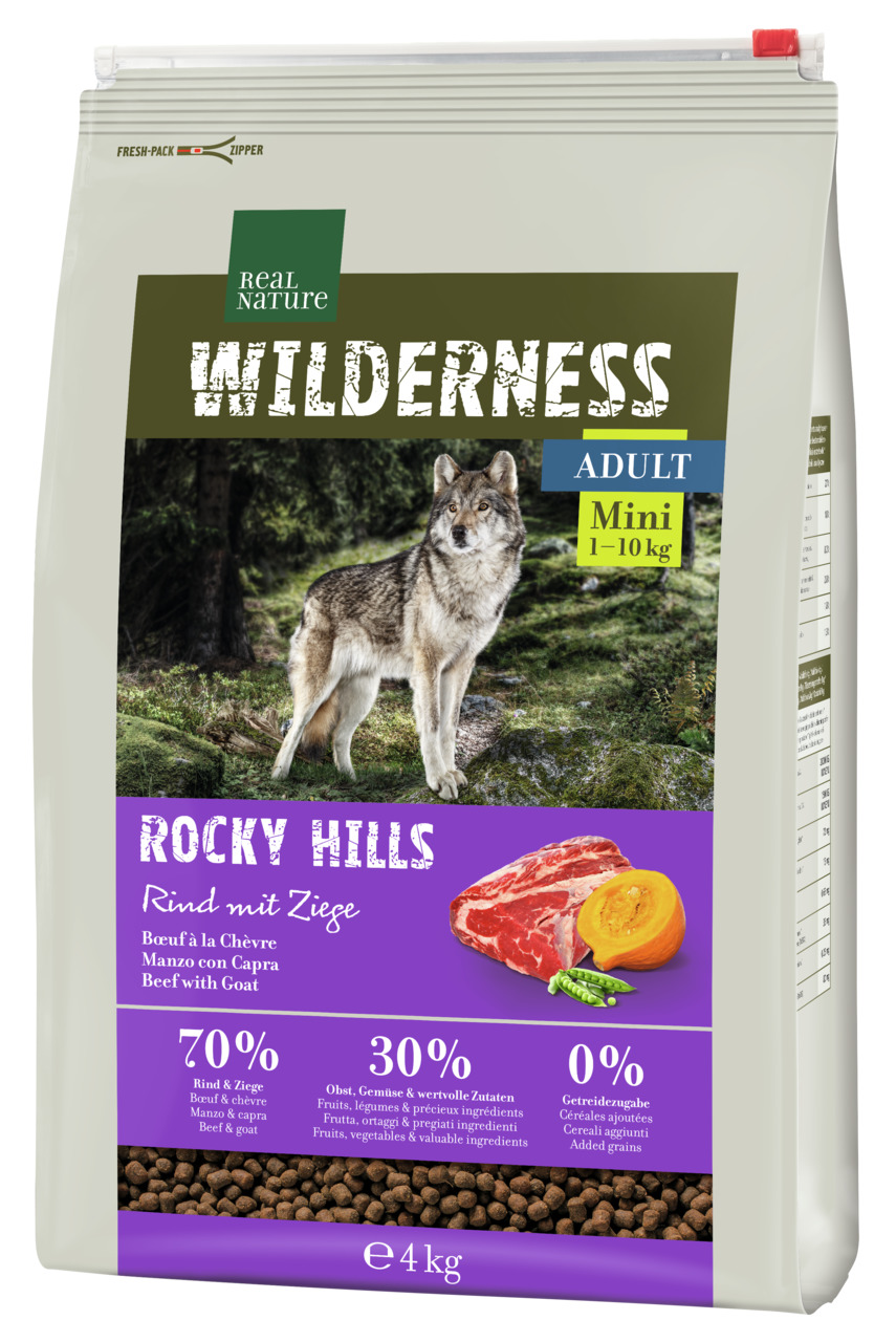 REAL NATURE WILDERNESS Rocky Hills, Hundefutter, kl. Rassen (1–10 kg), Rind & Ziege, 70 % Fleisch, 0 % Getreide, 4 kg.