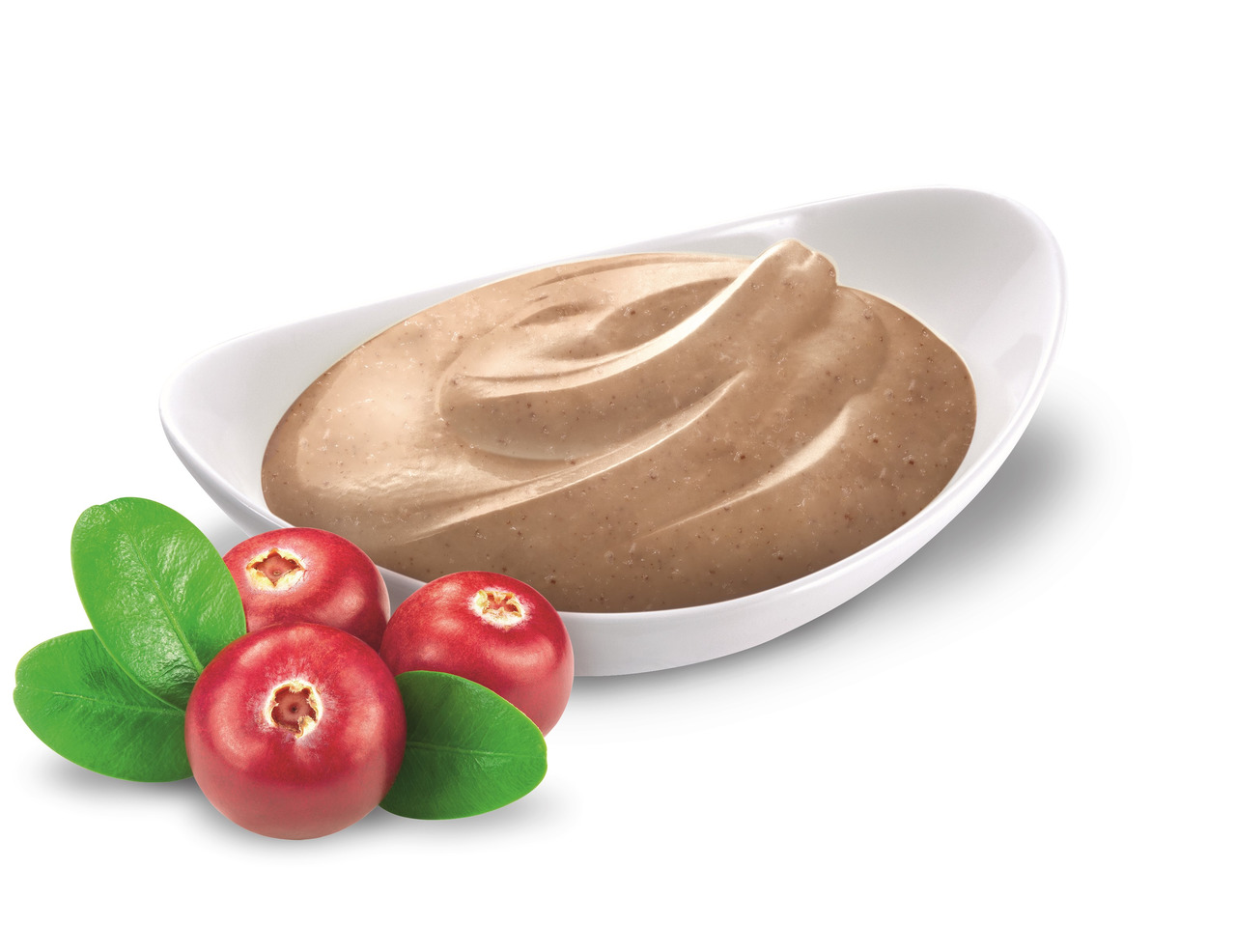 Das Bild zeigt eine weiße Schale mit einer cremigen, beige-braunen Masse, die vermutlich ein Tierfutter darstellt. Im Vordergrund liegen drei frische, rote Cranberries mit grünen Blättern, die auf die Geschmacksrichtung hinweisen. Es handelt sich um das P