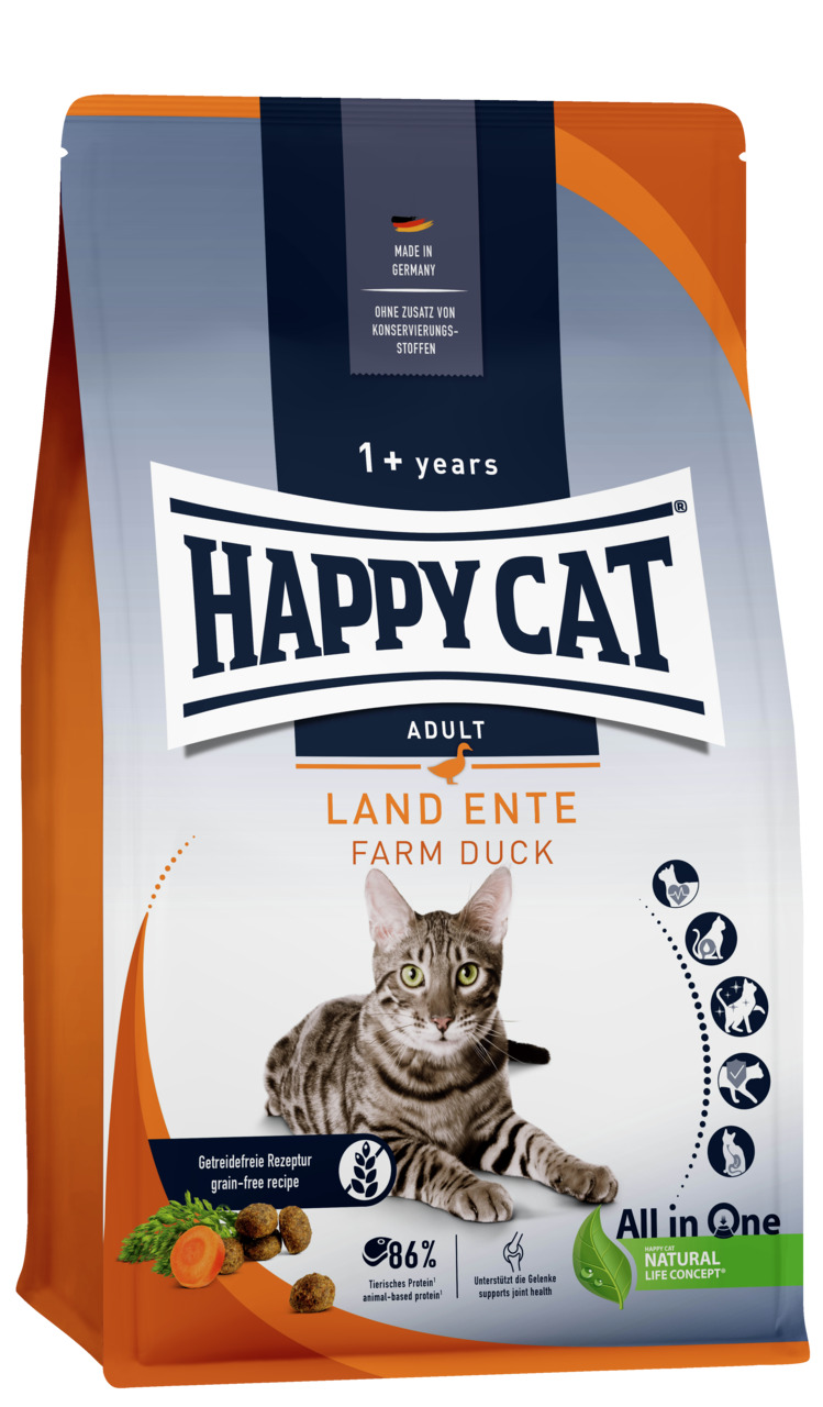HAPPY CAT Adult Land Ente, Katzenfutter ab 1 J., getreidefrei, 86 % tierisches Protein, Landente, Made in Germany, ohne Konservierungsstoffe.