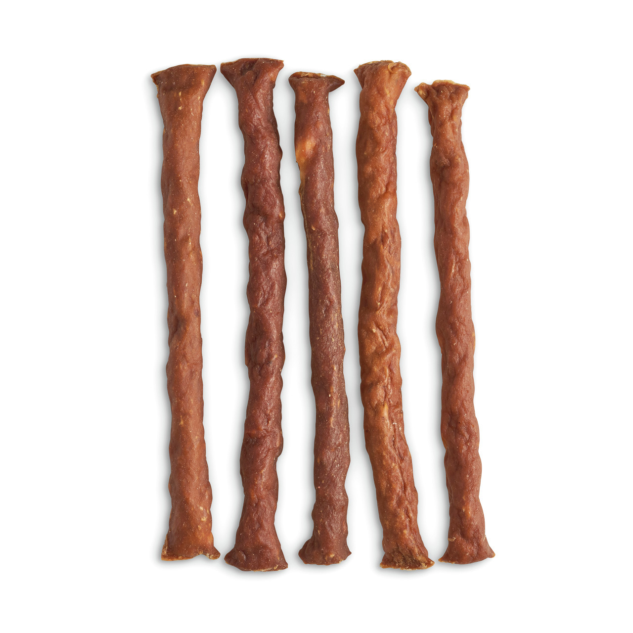 Fünf längliche, braune Kaustangen der Marke Lottis Häppchen, geeignet für Hunde. Die Stangen bestehen aus natürlichem Fleisch und sind als Snack oder Belohnung gedacht. Sie sind proteinreich und unterstützen die Zahnpflege. Verpackungsmenge nicht sichtbar