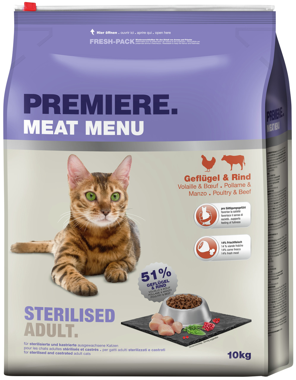 PREMIERE Meat Menu Sterilised Adult, Katzenfutter, Geflügel & Rind, 10 kg, für sterilisierte Katzen, mit Frischfleisch, sättigend.