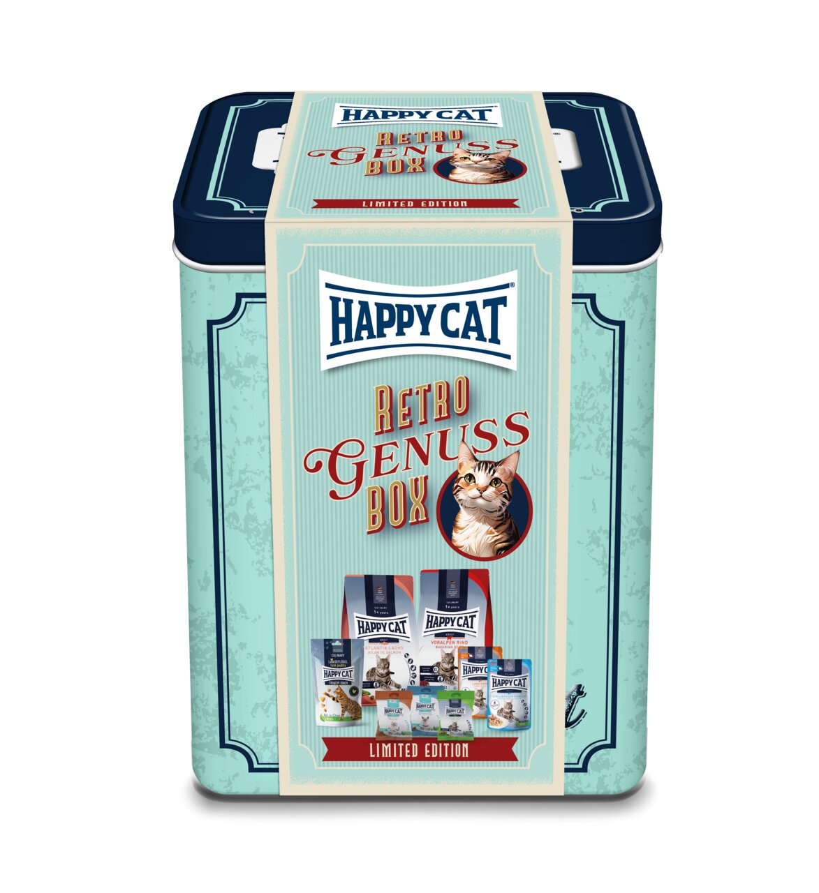 Happy Cat Retro Genuss Box, Limited Edition, für Katzen. Trockenfutter: Geflügel, Lachs, Rind. Zielgruppe: Katzenhalter. Retro-Design.