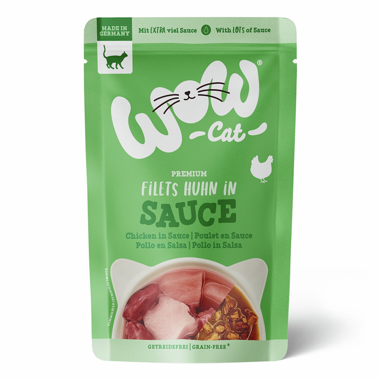 WOW CAT Premium Filets Huhn in Sauce, für Katzen, getreidefrei, extra viel Sauce, 85 g, Made in Germany.